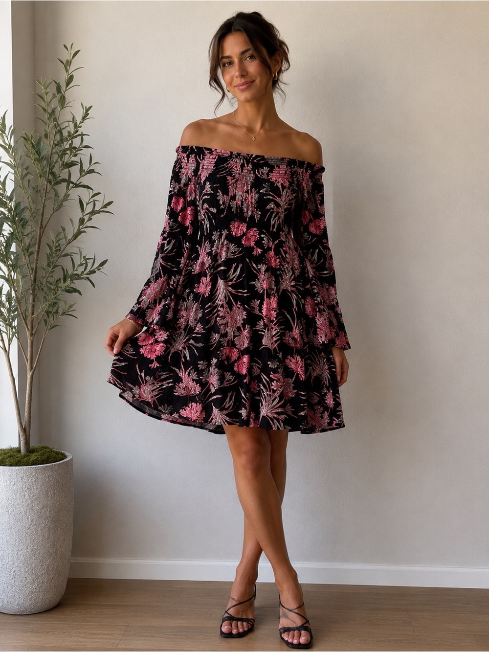 Express Black Mini Dress with Pink Floral Print